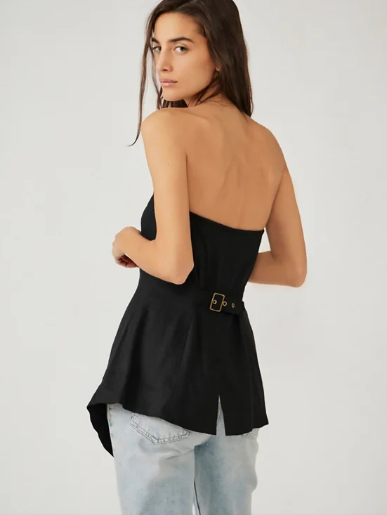 FREE PEOPLE Between Us Black Linen Blend Asymetrical Sweetheart Corset Top SZ S - Picture 2 of 11